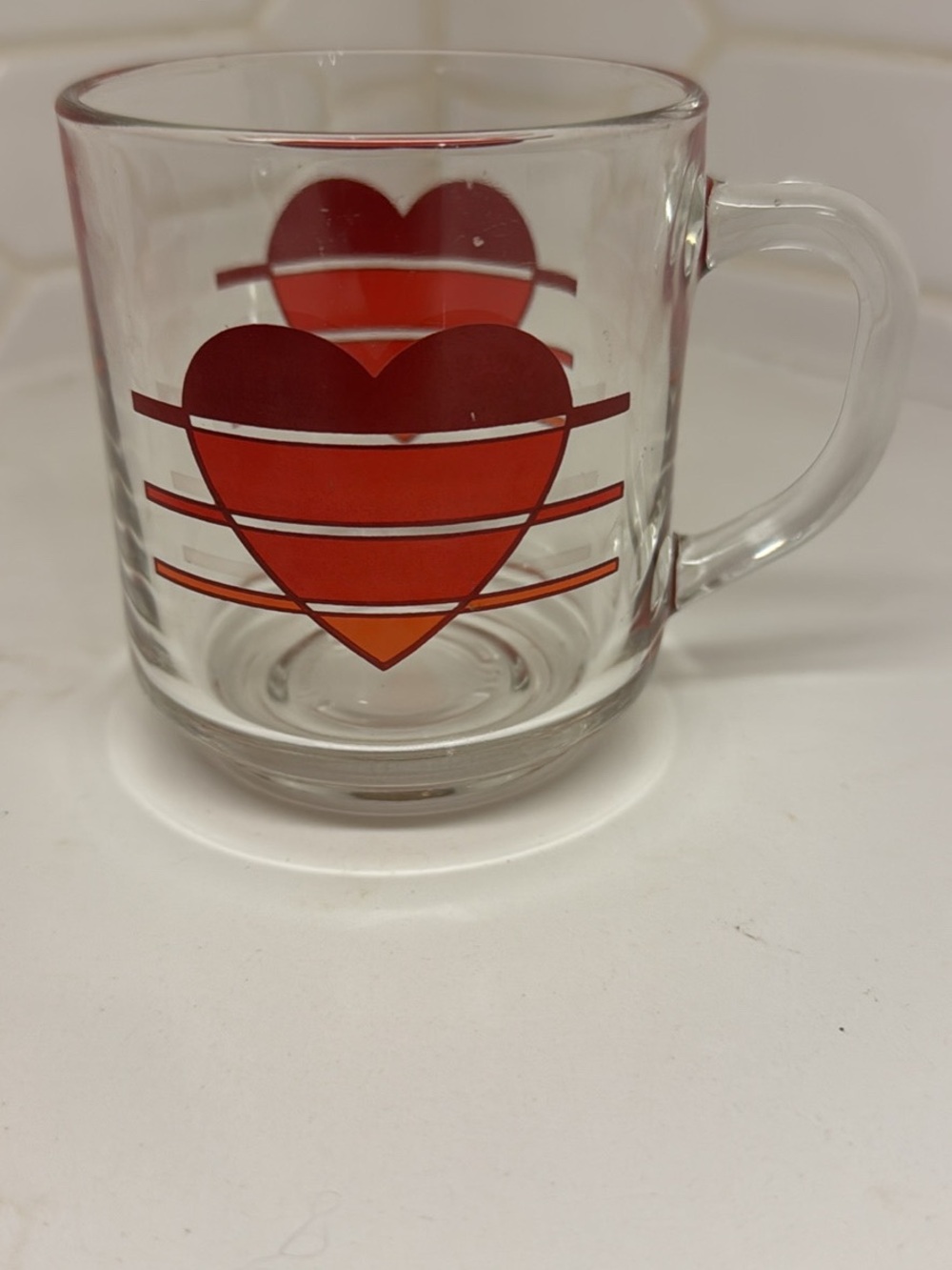 Retro luminarc Glass Mug with Red & Orange Heart Design
